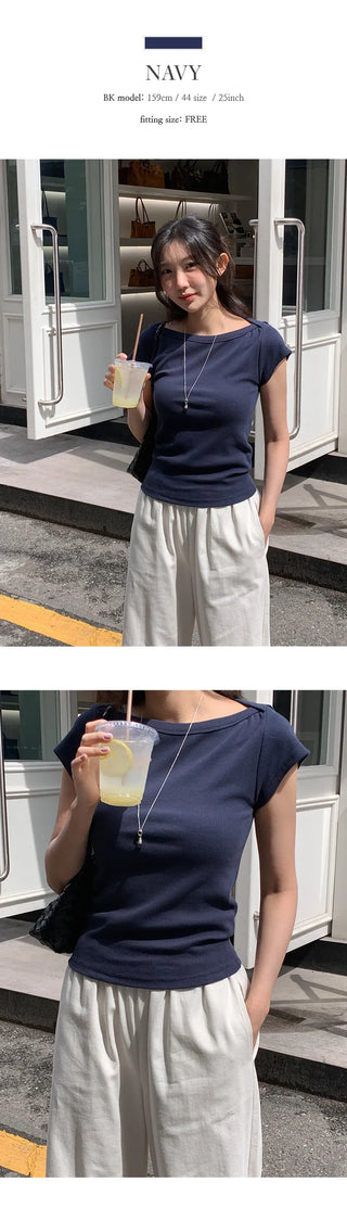 Reued Boat Neck Ribbed Cap Sleeve Short Sleeve T shirt