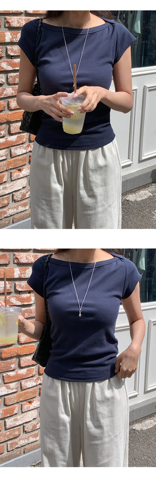 Reued Boat Neck Ribbed Cap Sleeve Short Sleeve T shirt