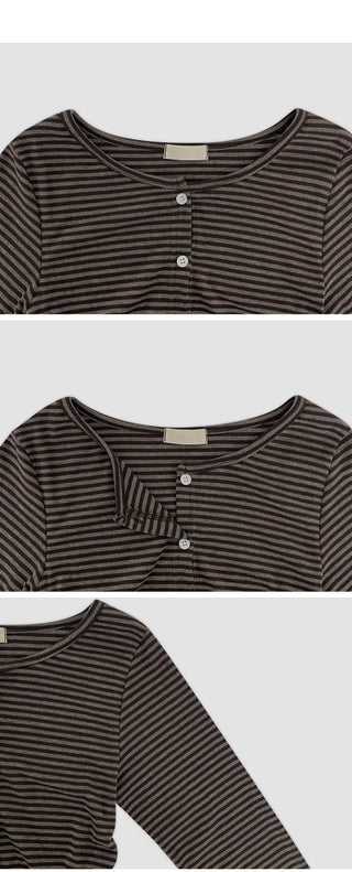 Benleon Side Shirred Round Striped Long Sleeve Cardigan