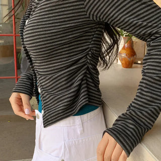 Benleon Side Shirred Round Striped Long Sleeve Cardigan