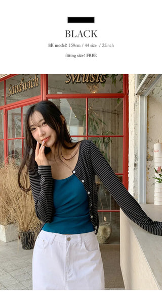 Benleon Side Shirred Round Striped Long Sleeve Cardigan