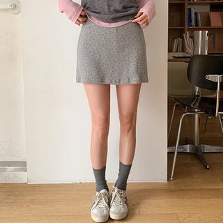 Fady Banding Flower Ribbed Flare Mini Skirt