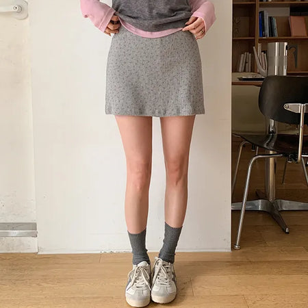 Fady Banding Flower Ribbed Flare Mini Skirt