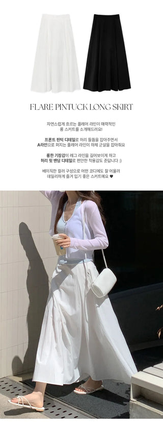 Lidwen Back Elastic Flare Pintuck Long Skirt
