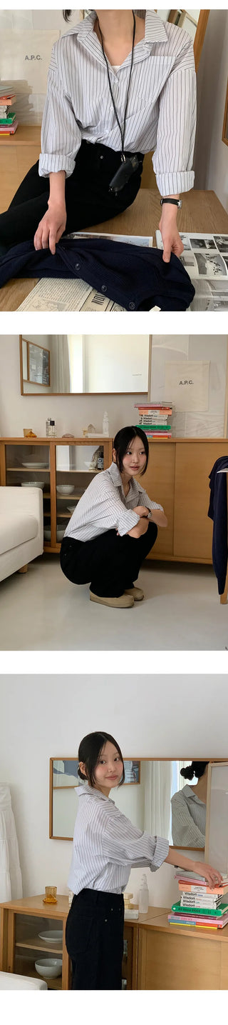 Seinevin Loose Fit Striped Pocket Shirt