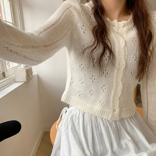 Dinnergle Wavy Neck Punched Knit Cardigan
