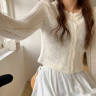 Dinnergle Wavy Neck Punched Knit Cardigan