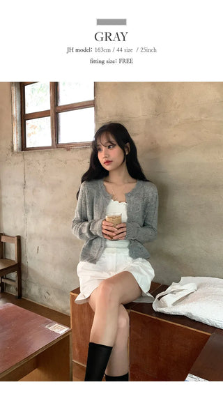 Dinnergle Wavy Neck Punched Knit Cardigan