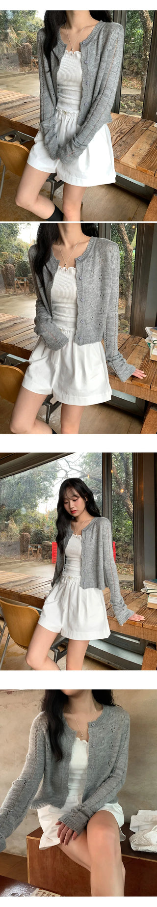 Dinnergle Wavy Neck Punched Knit Cardigan