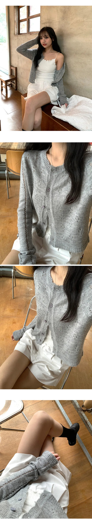 Dinnergle Wavy Neck Punched Knit Cardigan