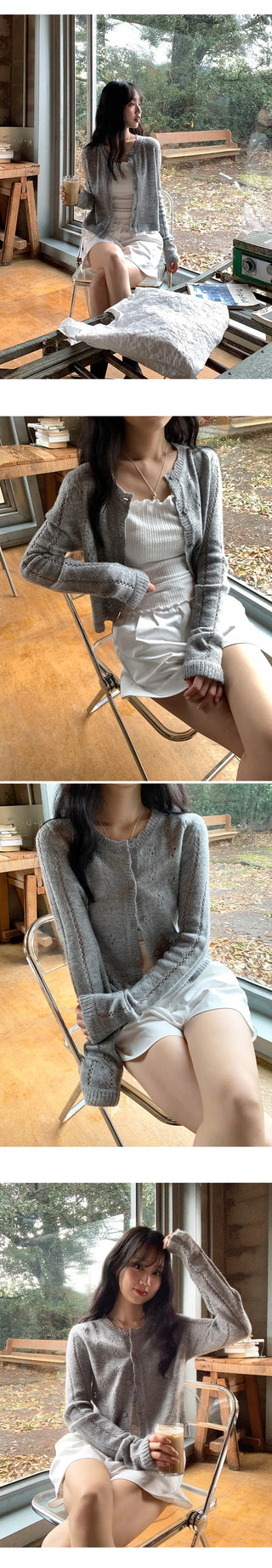 Dinnergle Wavy Neck Punched Knit Cardigan