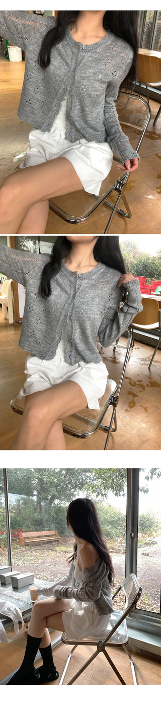 Dinnergle Wavy Neck Punched Knit Cardigan