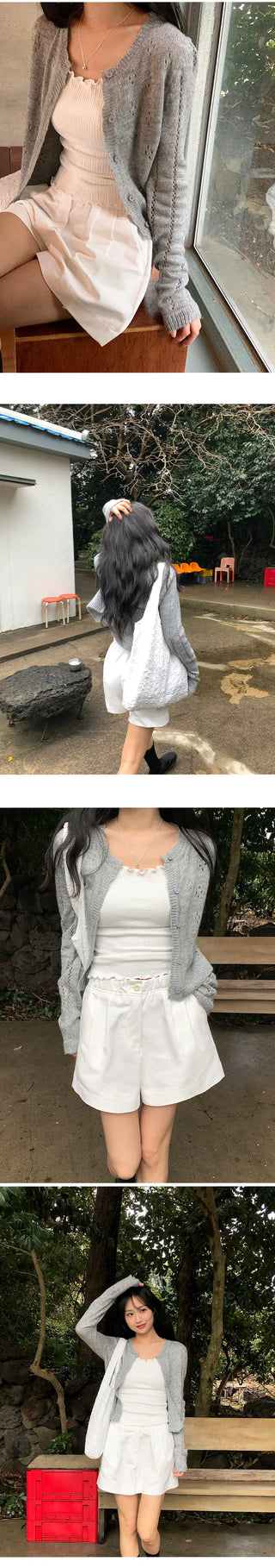 Dinnergle Wavy Neck Punched Knit Cardigan