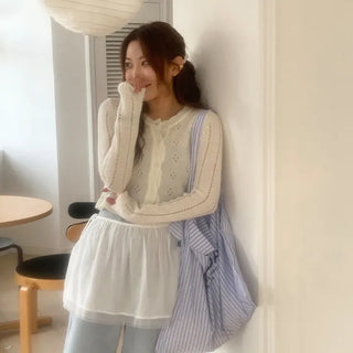 Dinnergle Wavy Neck Punched Knit Cardigan