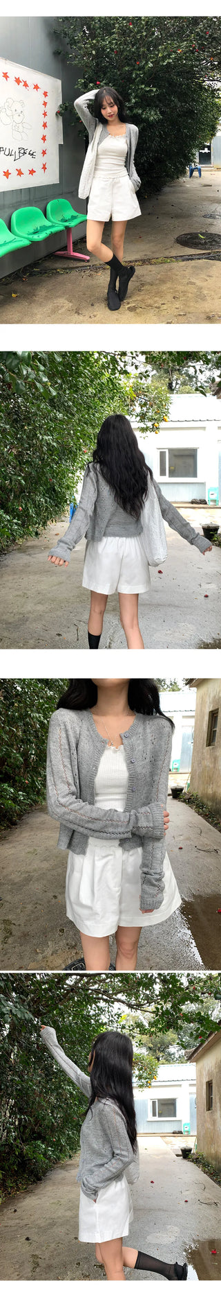Dinnergle Wavy Neck Punched Knit Cardigan
