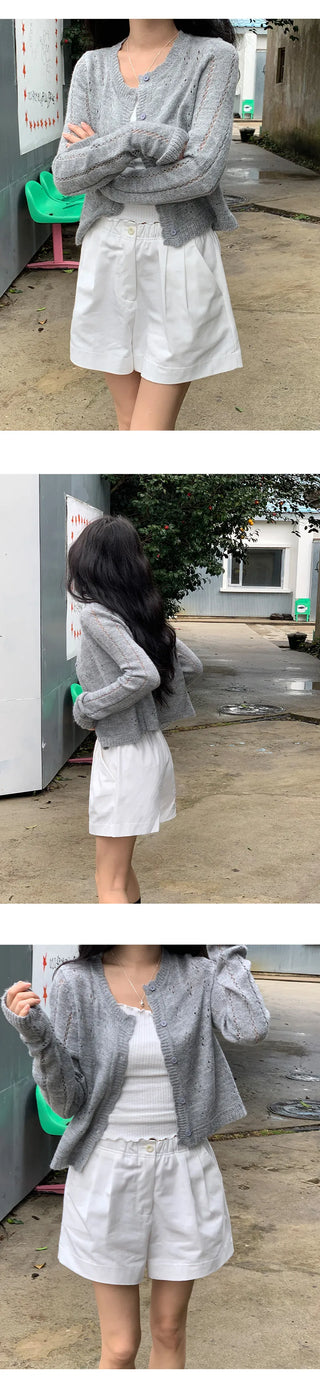 Dinnergle Wavy Neck Punched Knit Cardigan