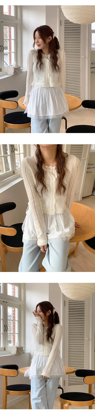 Dinnergle Wavy Neck Punched Knit Cardigan