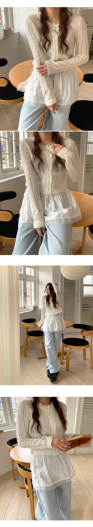 Dinnergle Wavy Neck Punched Knit Cardigan