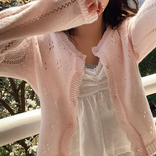 Dinnergle Wavy Neck Punched Knit Cardigan