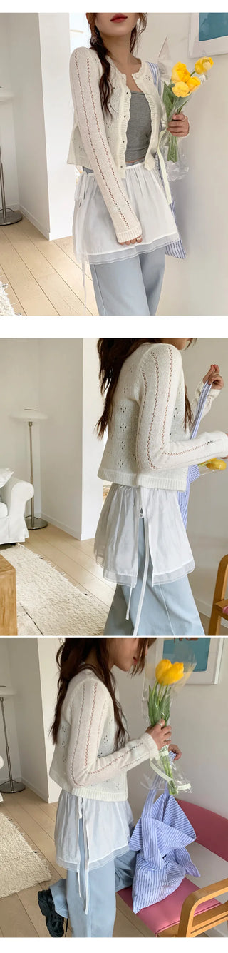 Dinnergle Wavy Neck Punched Knit Cardigan