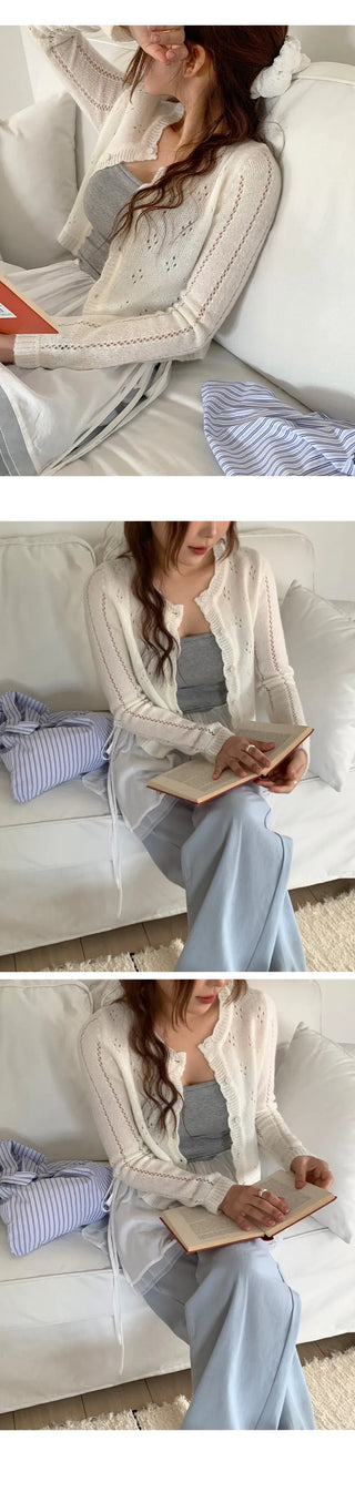 Dinnergle Wavy Neck Punched Knit Cardigan