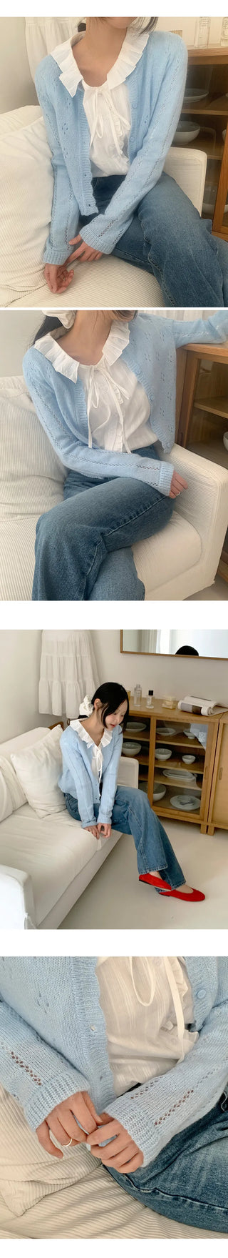 Dinnergle Wavy Neck Punched Knit Cardigan