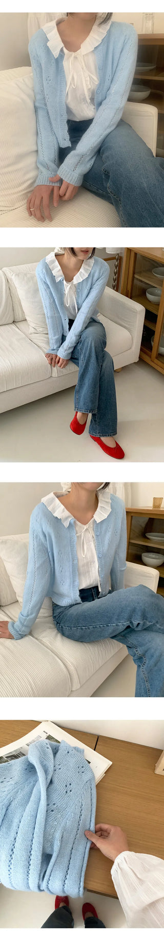 Dinnergle Wavy Neck Punched Knit Cardigan