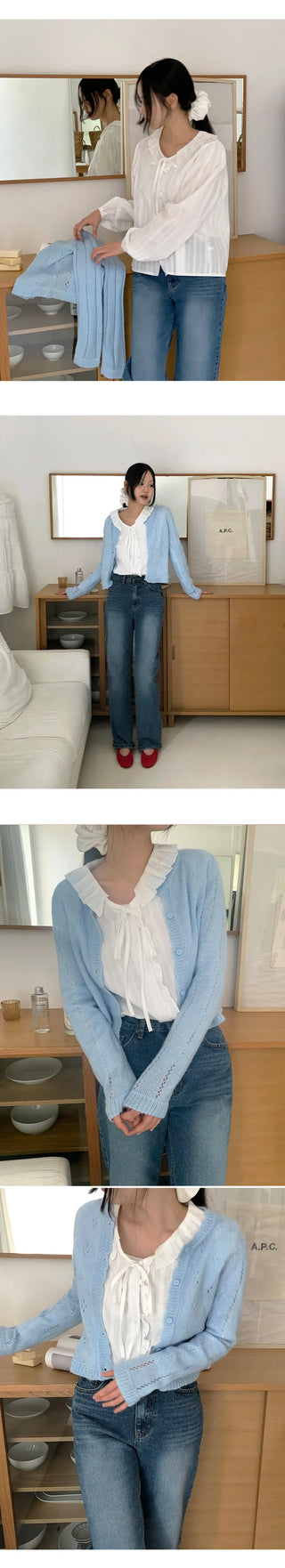 Dinnergle Wavy Neck Punched Knit Cardigan