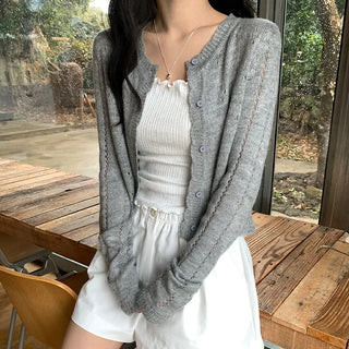Dinnergle Wavy Neck Punched Knit Cardigan