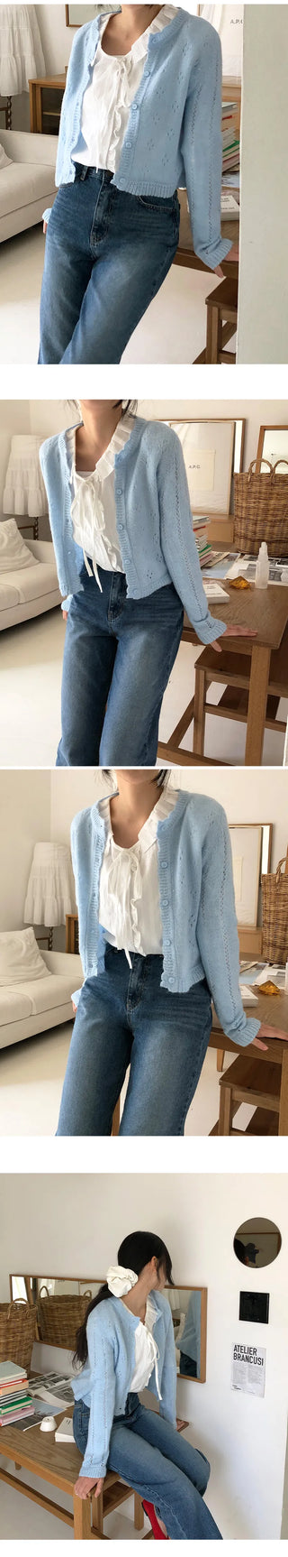 Dinnergle Wavy Neck Punched Knit Cardigan