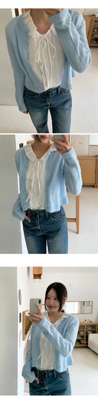Dinnergle Wavy Neck Punched Knit Cardigan
