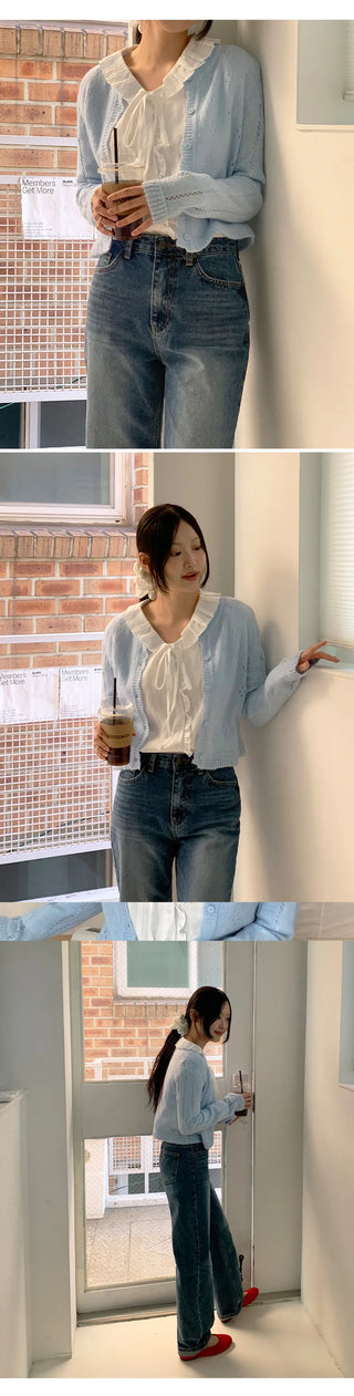Dinnergle Wavy Neck Punched Knit Cardigan