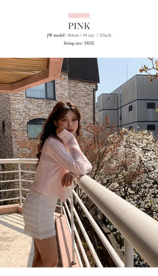 Dinnergle Wavy Neck Punched Knit Cardigan