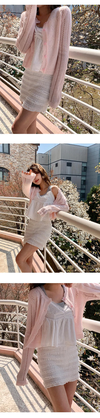 Dinnergle Wavy Neck Punched Knit Cardigan