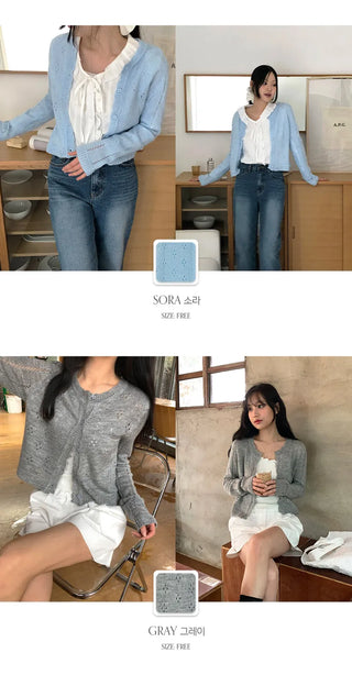 Dinnergle Wavy Neck Punched Knit Cardigan
