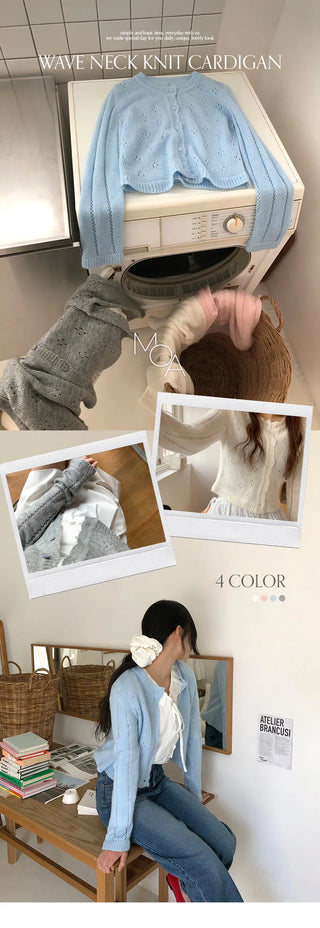 Dinnergle Wavy Neck Punched Knit Cardigan