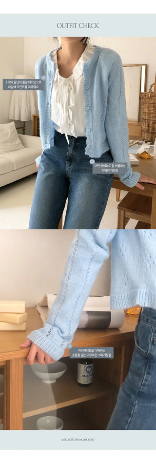 Dinnergle Wavy Neck Punched Knit Cardigan