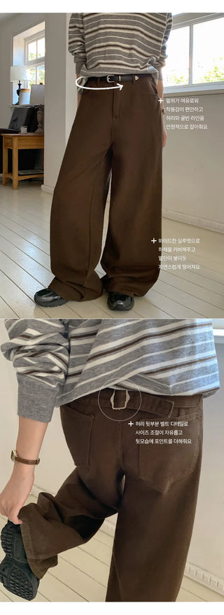 Brichen Back Buckle Wide Cotton Pants