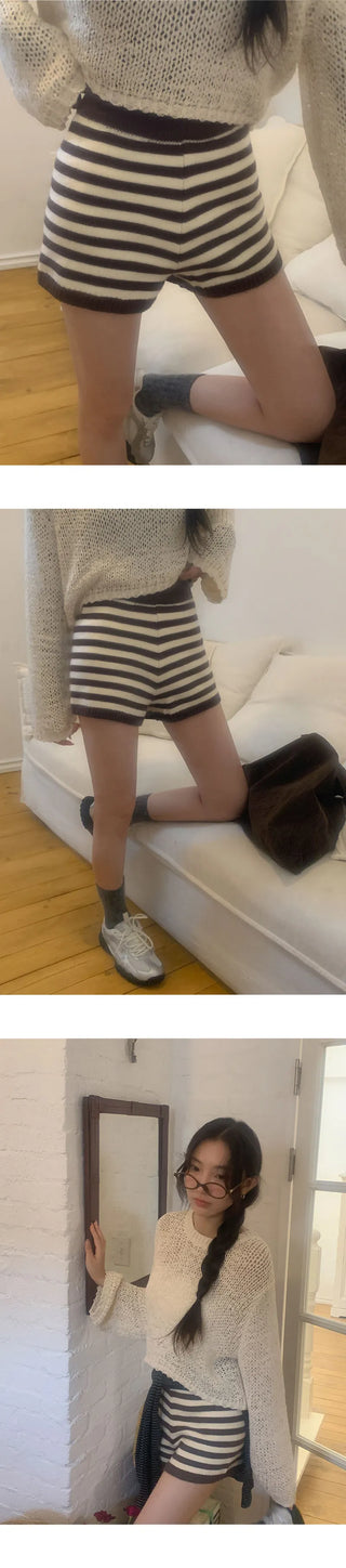 Tienf Striped Elastic Knit Shorts
