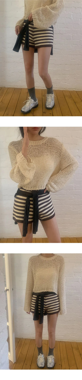 Tienf Striped Elastic Knit Shorts