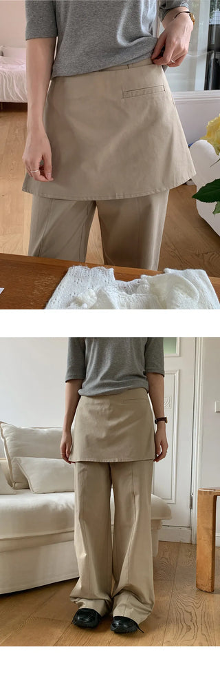 Venir Back Elastic Cut Pants Layered Skirt Set