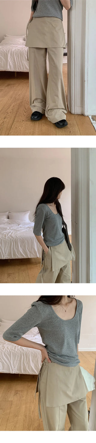 Venir Back Elastic Cut Pants Layered Skirt Set