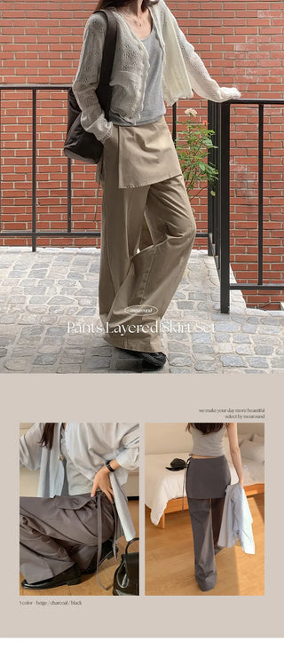 Venir Back Elastic Cut Pants Layered Skirt Set