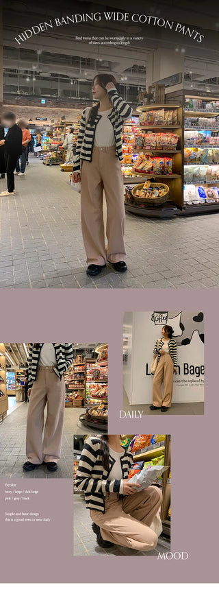 Cosmo Hidden Elastic Waist Wide Cotton Pants