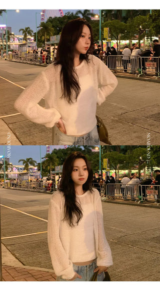 Heyron Backless Ribbon Round Hairy Long Sleeve Knit
