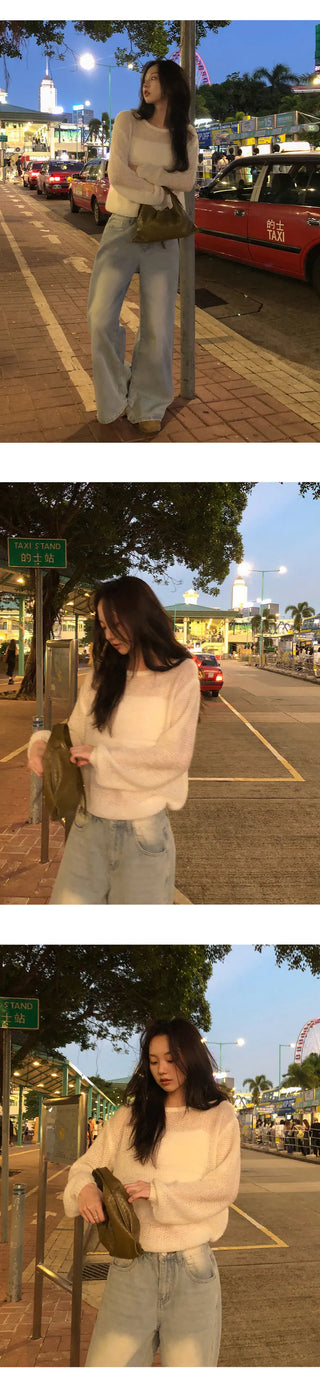 Heyron Backless Ribbon Round Hairy Long Sleeve Knit