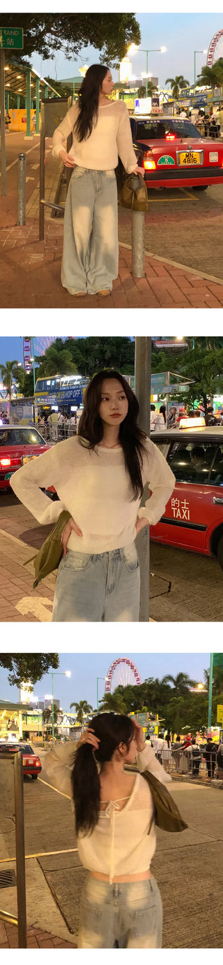 Heyron Backless Ribbon Round Hairy Long Sleeve Knit