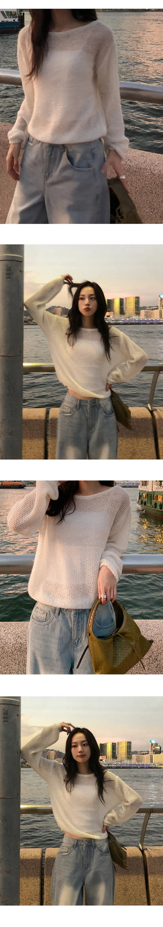 Heyron Backless Ribbon Round Hairy Long Sleeve Knit