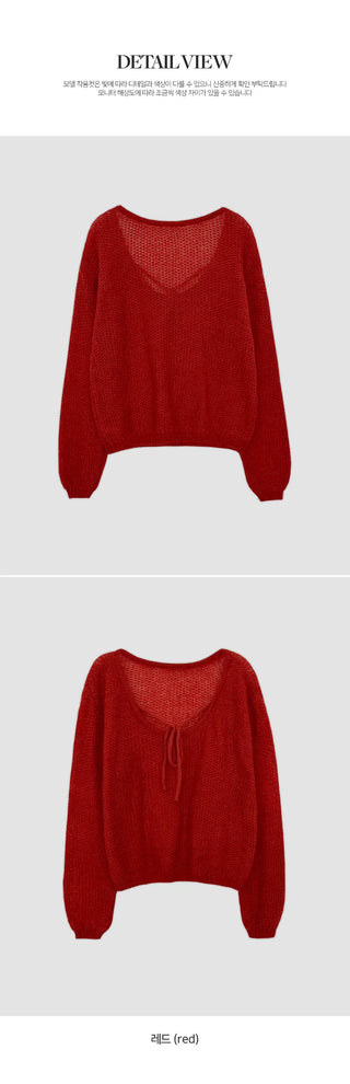 Heyron Backless Ribbon Round Hairy Long Sleeve Knit