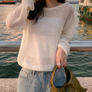 Heyron Backless Ribbon Round Hairy Long Sleeve Knit